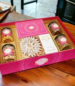 Ghasitaram big hamper tray of kaju katlis, milk cake, crunchy cashew, paan raisins, choco almonds, and pistachios