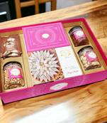 Ghasitaram big hamper tray of kaju katlis, milk cake, peri almonds, pistachio, wheat puffs and mewa bites