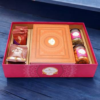 Ghasitaram big hamper tray with exotic sweets, crunchy cashew, flavour raisins, mewa bites and cookies 1