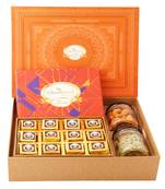 Orange hamper box of mewa bites,crunchy cashew and flavour raisins jars