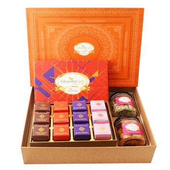 Orange hamper box with sugarfree mewa bites bites,crunchy cashew and flavour raisins jar 1