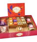 Big hamper tray with best bites, diya, and crunchy cashew, flavour raisins, mewa bites and cookies