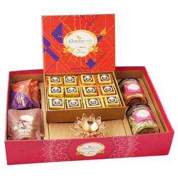 Big hamper tray with mewa bites, diya, and crunchy cashew, flavour raisins, mewa bites and cookies 1