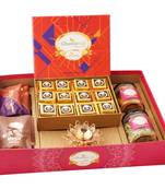 Big hamper tray with mewa bites, diya, and crunchy cashew, flavour raisins, mewa bites and cookies