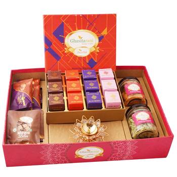 Big hamper tray with sugarfree mewa bites, diya, and crunchy cashew, flavour raisins, mewa bites and cookies 1