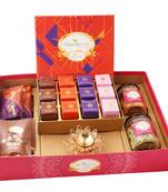 Big hamper tray with sugarfree mewa bites, diya, and crunchy cashew, flavour raisins, mewa bites and cookies