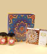Diwali hamper box of kaju katli, 2 jars of dryfruits and diya