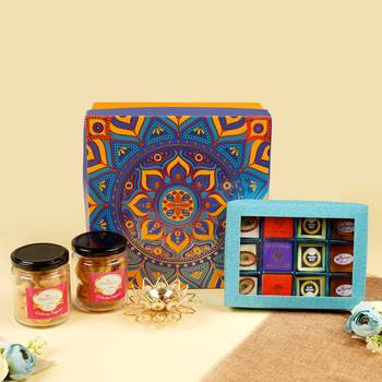 Diwali hamper box of best bites, 2 jars of dryfruits and diya 1