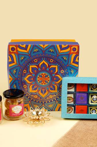 Diwali hamper box of best bites, 2 jars of dryfruits and diya