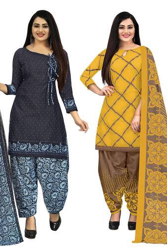 Rajnandini navy blue and yellow cotton printed unstitched salwar suit material (combo of 2)