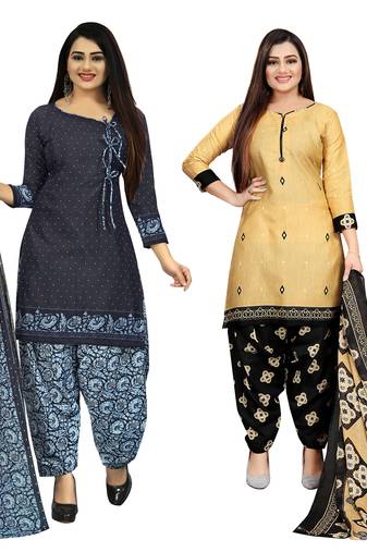 Rajnandini navy blue and beige cotton printed unstitched salwar suit material (combo of 2)