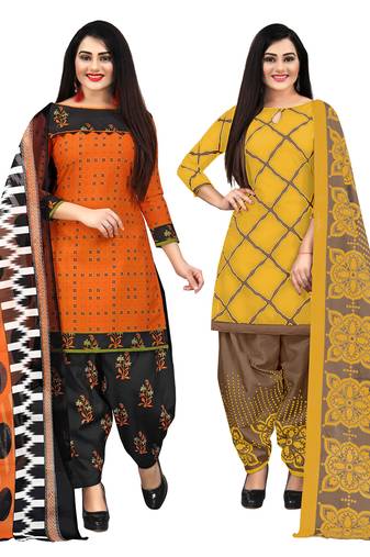 orange and yellow cotton printed unstitched salwar suit material (combo of 2)