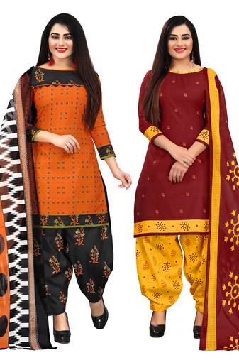 orange and maroon cotton printed unstitched salwar suit material (combo of 2)