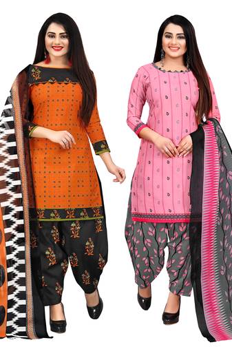 orange and baby pink cotton printed unstitched salwar suit material (combo of 2)