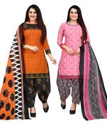 orange and baby pink cotton printed unstitched salwar suit material (combo of 2)