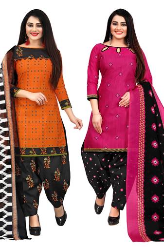 orange and magenta cotton printed unstitched salwar suit material (combo of 2)