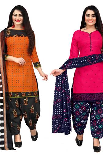 orange and dark pink cotton printed unstitched salwar suit material (combo of 2)