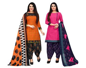 orange and magenta cotton printed unstitched salwar suit material (combo of 2) 1