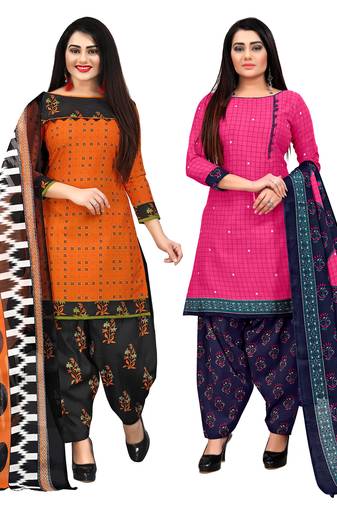 orange and magenta cotton printed unstitched salwar suit material (combo of 2)