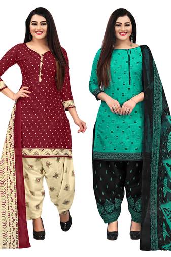 beige & pista green cotton printed unstitched salwar suit material (combo of 2)