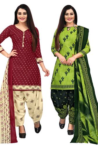 beige & pista green cotton printed unstitched salwar suit material (combo of 2)