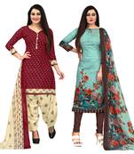 beige & pista green cotton printed unstitched salwar suit material (combo of 2)