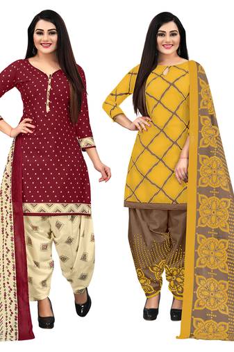 maroon and yellow cotton printed unstitched salwar suit material (combo of 2)