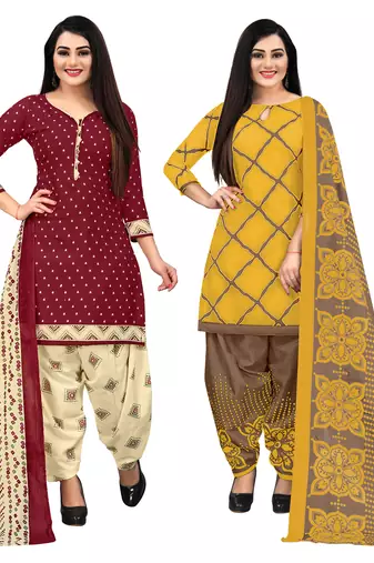 maroon and yellow cotton printed unstitched salwar suit material (combo of 2)