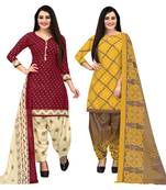 maroon and yellow cotton printed unstitched salwar suit material (combo of 2)