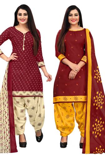 maroon and maroon cotton printed unstitched salwar suit material (combo of 2)