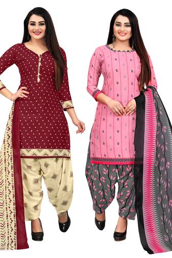 maroon and baby pink cotton printed unstitched salwar suit material (combo of 2)