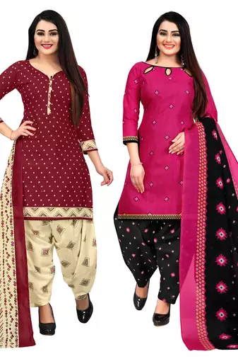 maroon and magenta cotton printed unstitched salwar suit material (combo of 2)