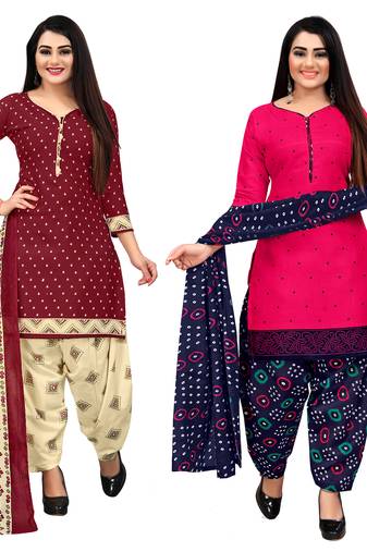 maroon and dark pink cotton printed unstitched salwar suit material (combo of 2)