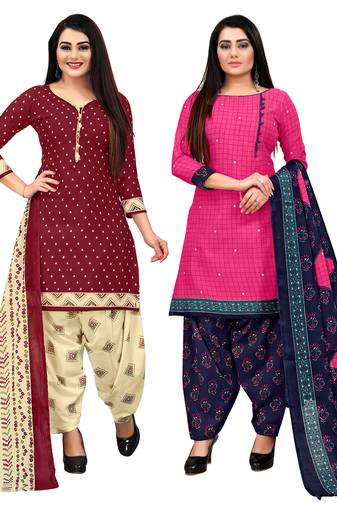 maroon and magenta cotton printed unstitched salwar suit material (combo of 2)