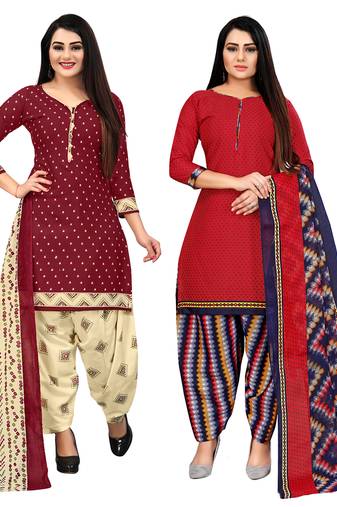 maroon and red cotton printed unstitched salwar suit material (combo of 2)