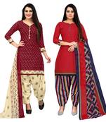 maroon and red cotton printed unstitched salwar suit material (combo of 2)