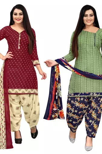 beige & pista green cotton printed unstitched salwar suit material (combo of 2)