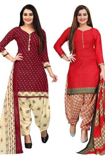 maroon and red cotton printed unstitched salwar suit material (combo of 2)