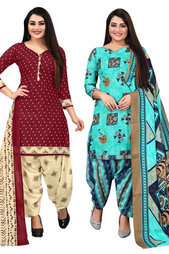 beige & pista green cotton printed unstitched salwar suit material (combo of 2)
