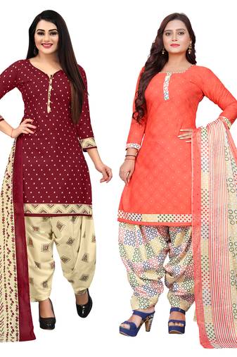 beige & pista green cotton printed unstitched salwar suit material (combo of 2)