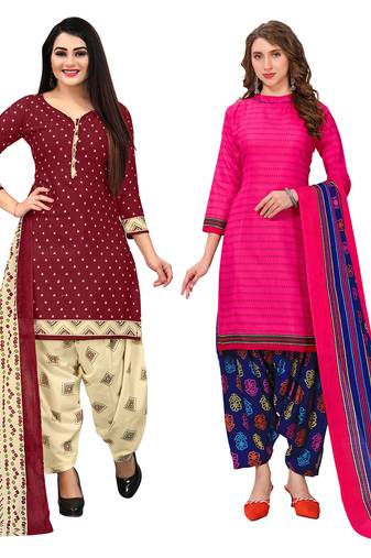 beige & pista green cotton printed unstitched salwar suit material (combo of 2)