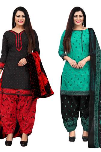 beige & pista green cotton printed unstitched salwar suit material (combo of 2)