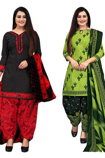beige & pista green cotton printed unstitched salwar suit material (combo of 2)