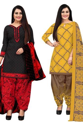 Rajnandini black and yellow cotton printed unstitched salwar suit material (combo of 2)