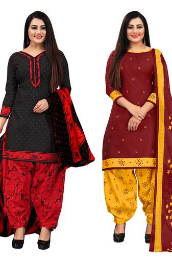 black and maroon cotton printed unstitched salwar suit material (combo of 2)