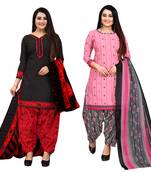black and baby pink cotton printed unstitched salwar suit material (combo of 2)
