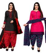 black and dark pink cotton printed unstitched salwar suit material (combo of 2)