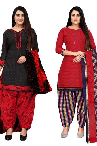 Rajnandini black and red cotton printed unstitched salwar suit material (combo of 2)