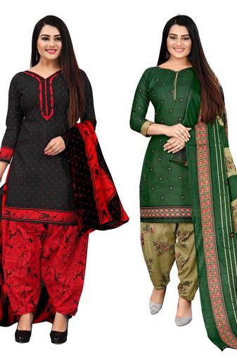 Rajnandini black and green cotton printed unstitched salwar suit material (combo of 2)