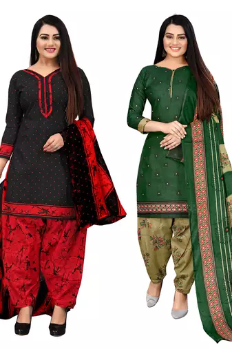 Rajnandini black and green cotton printed unstitched salwar suit material (combo of 2)